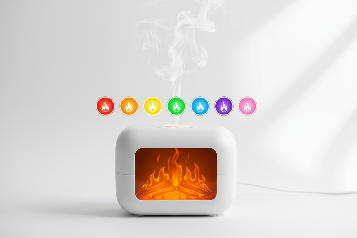 🔥 3. Cozy 7-Color Flame Light Effect 7 colors of essential oil fireplace diffuser mini flame aromatherapy fireplace humidifier provide me with the same product i sell and show the option of 7 colour above the product 