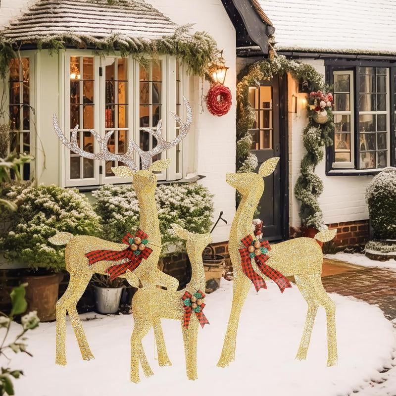 FOOWIN 3D Large Lighted Christmas Deer Family Set, 3-Piece 4.8Ft Pre-Lit Reindeer Outdoor Christmas Decoration with 210 LED Lights, Red Bows,Stakes, for Yard Patio Lawn Garden Courtyard
