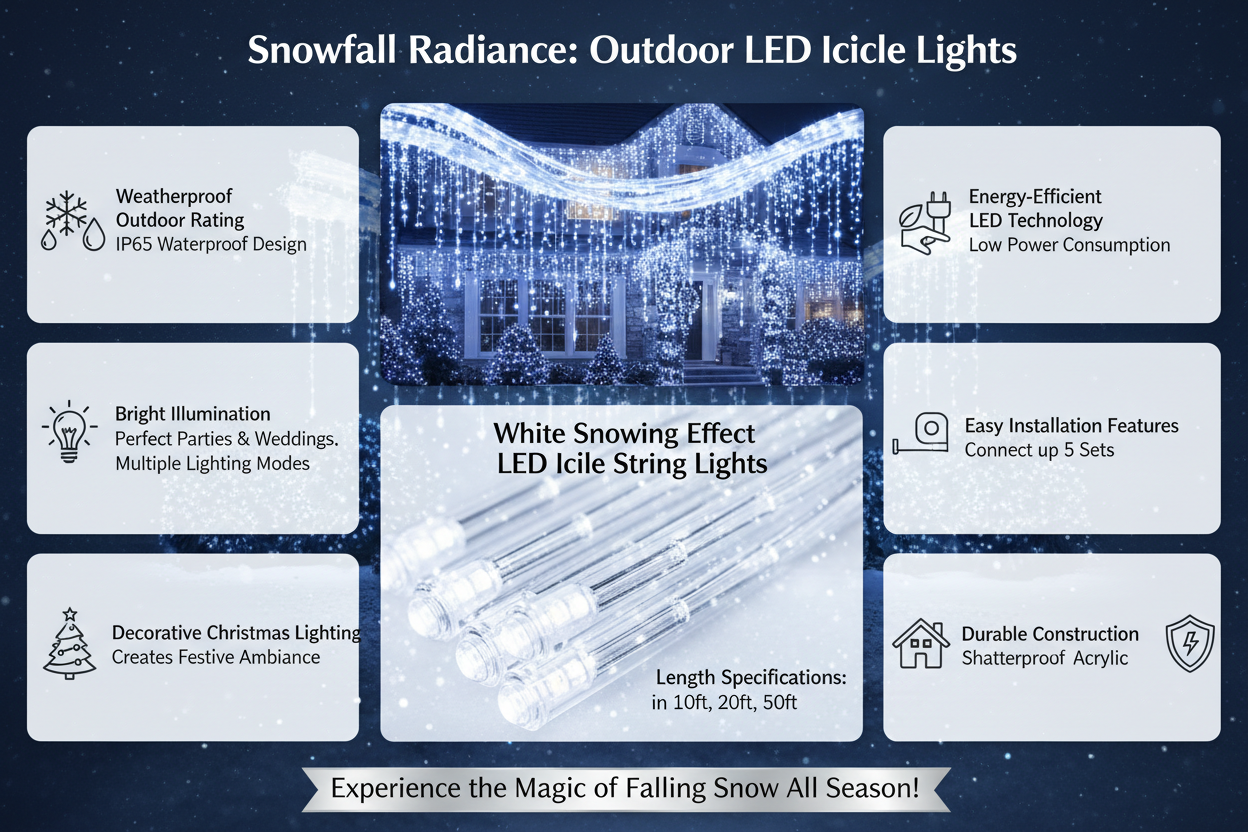 CHRISTMAS LED WHITE SNOWING ICICLE BRIGHT PARTY WEDDING XMAS OUTDOOR LIGHTS provide me product features with the excact same product that i sell in online shopify right now