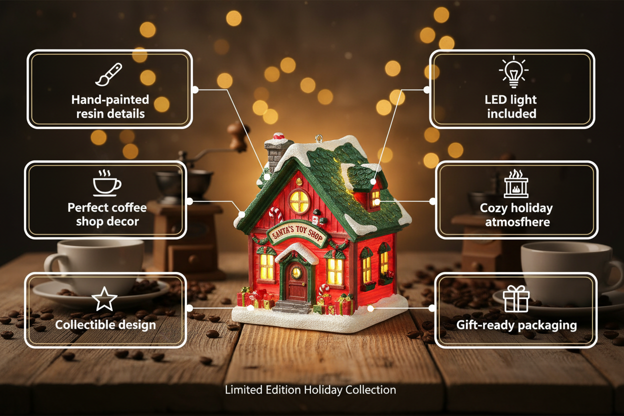 Christmas Resin Mini House Santa Shop Ornament provide me product features with the same product i sell in online coffe shop