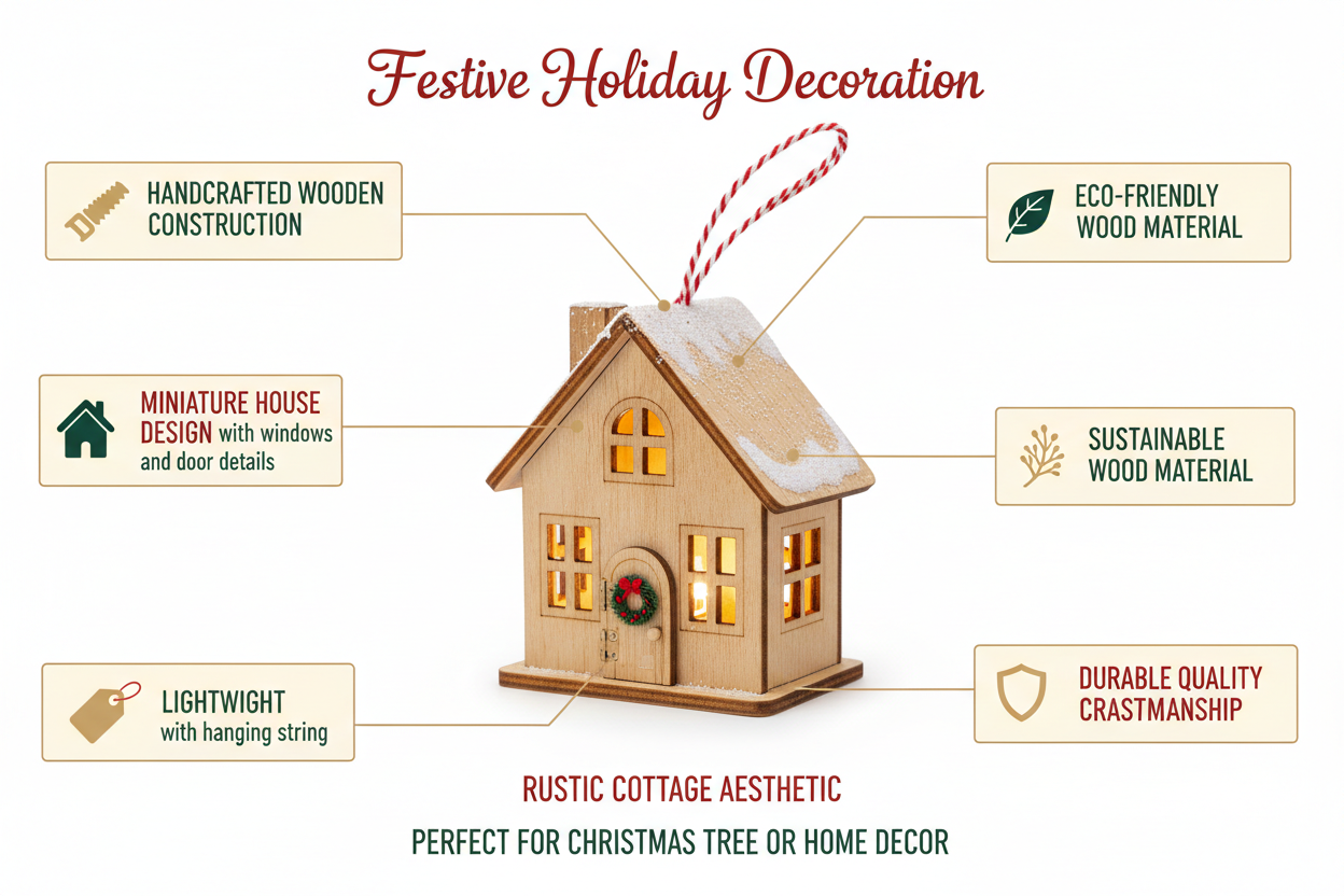 christmas wooden ornaments house provide me product features with the excact same product i sell in online shopify right now 
