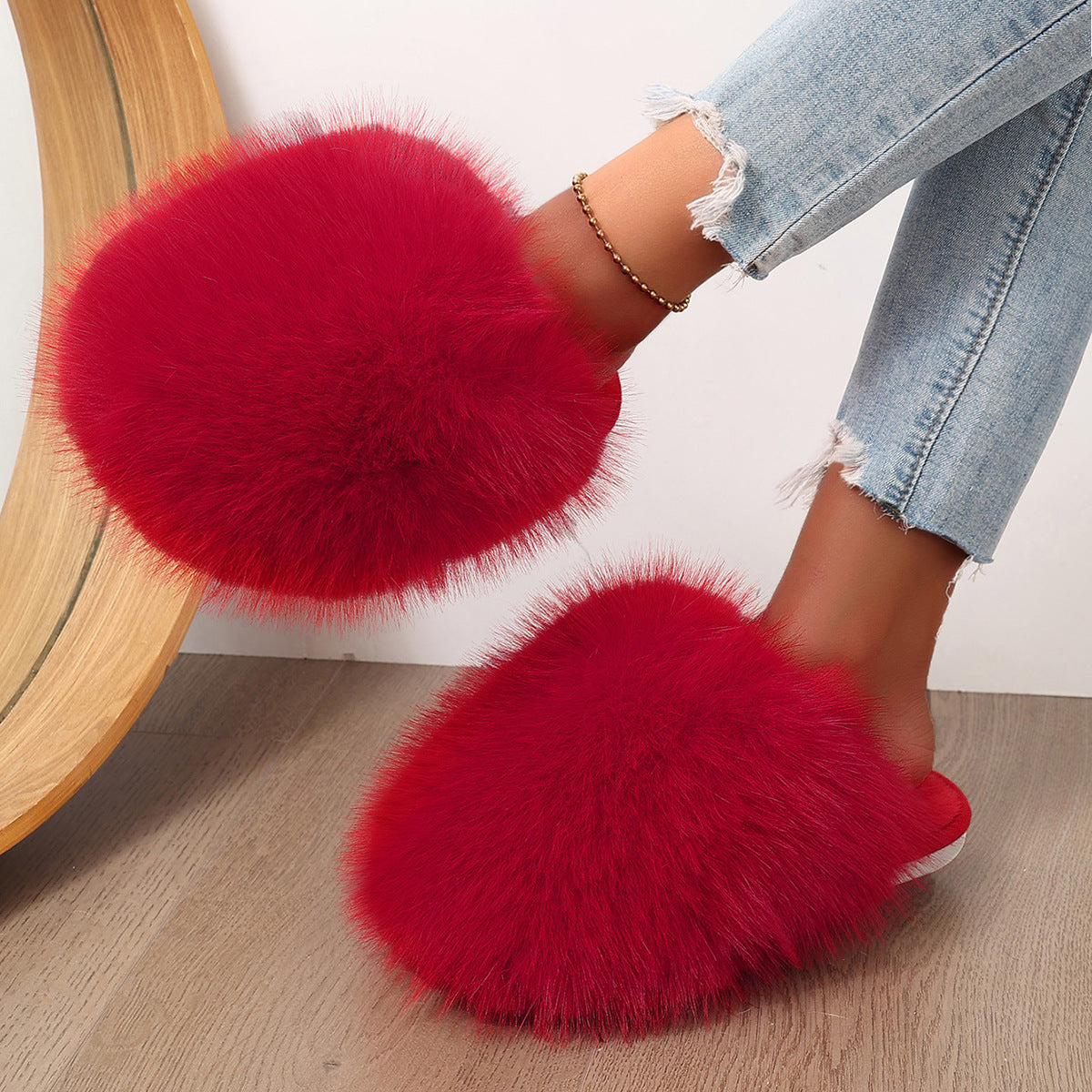 Solid-color fluffy big slippers