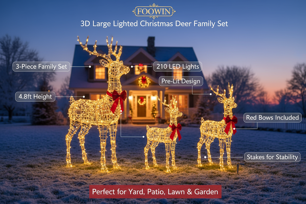 FOOWIN 3D Large Lighted Christmas Deer Family Set, 3-Piece 4.8Ft Pre-Lit provide me product features