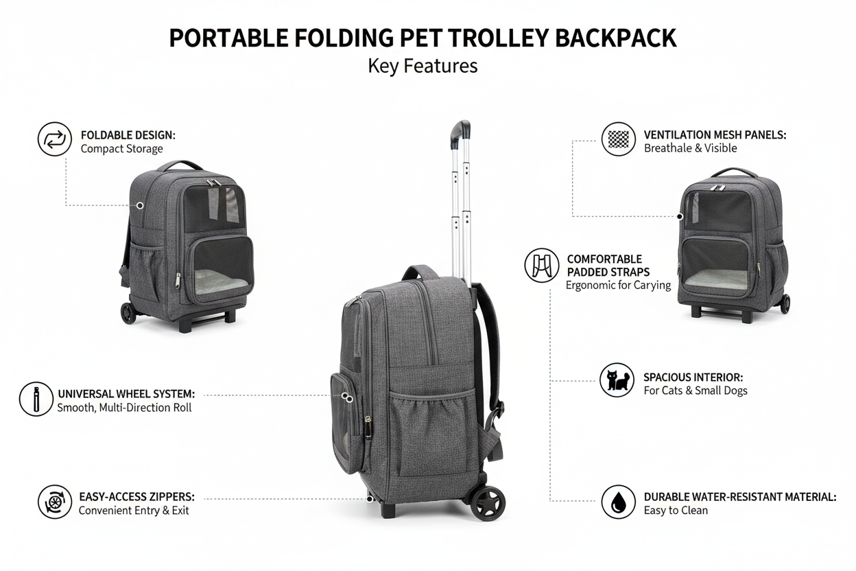 Portable Folding Trolley Pet Backpack with Universal Wheels:provide me product features with the excact same product that i sell in online shopify