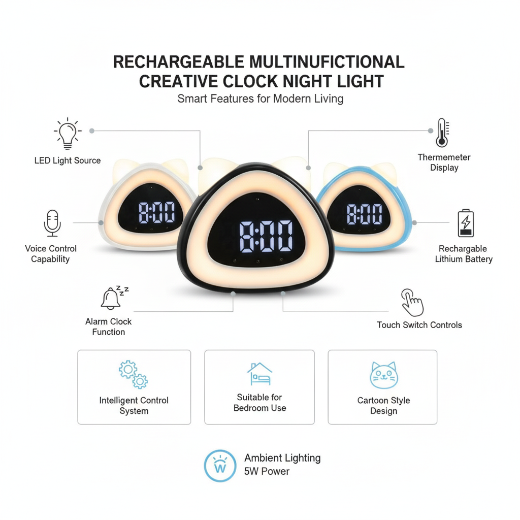 Rechargeable multifunctional creative clock night light provide me product features with the same product i sell right now in shopify online 